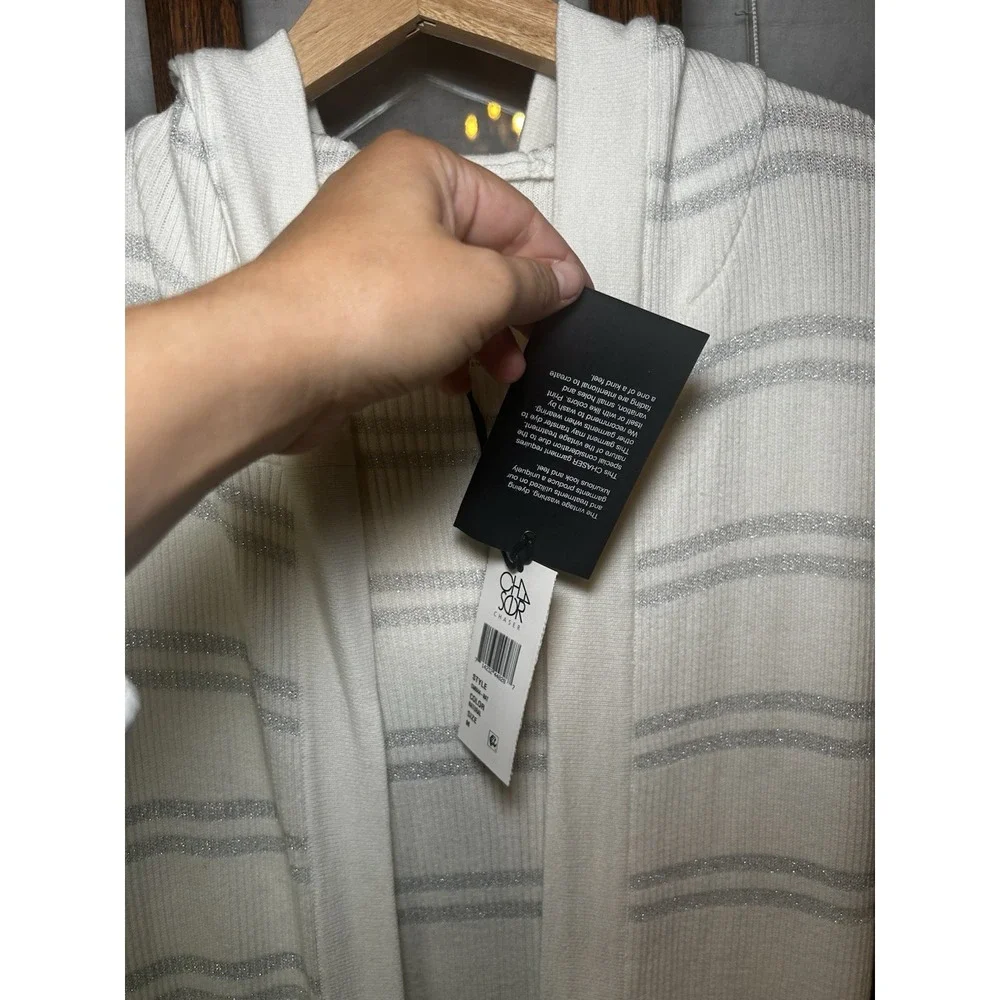 NWT Chaser Striped Hooded‎ Cardigan With Tie White & Metallic Silver Size M